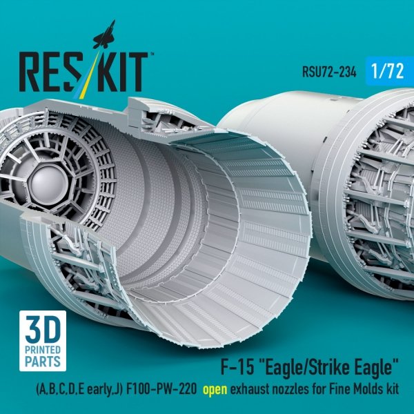 RESKIT RSU72-0234 F-15 "Eagle/Strike Eagle" (A,B,C,D,E early,J) F100-PW-220 open exhaust nozzles for Fine Molds kit (3D Printed) 1/72