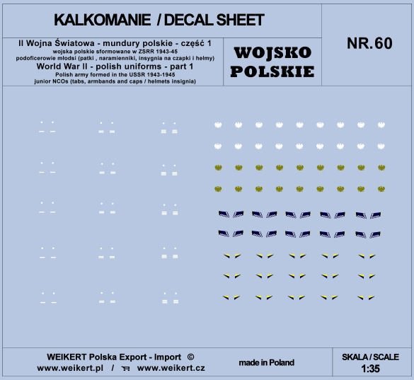 Weikert Decals DEC260 Mundury polskie - patki, naramienniki, insygnia na czapki i hełmy - cześć 1 - vol.60 1/35