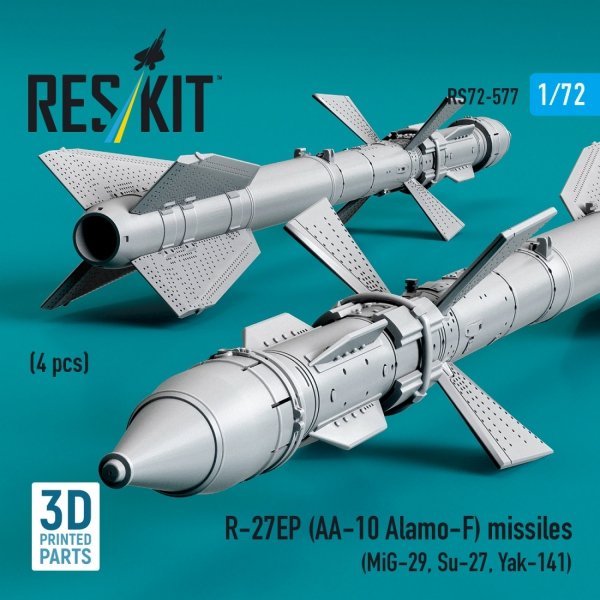 RESKIT RS72-0577 R-27EP (AA-10 Alamo-F) missiles (4 pcs) (MiG-29, Su-27, Yak-141) (3D Printed) (1/72)