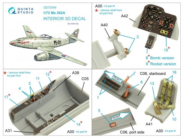 Quinta Studio QD72049 Me-262A 3D-Printed &amp; coloured Interior on decal paper (Airfix) 1/72