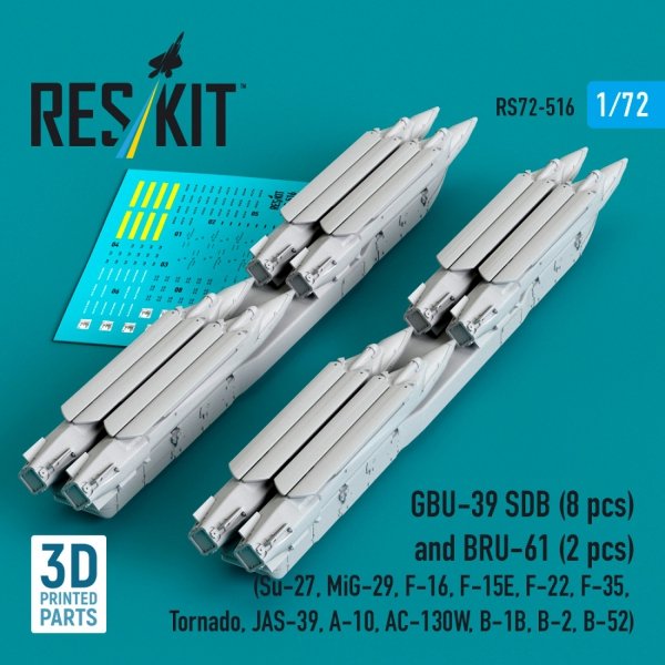 RESKIT RS72-0516 GBU-39 SDB (8 pcs) and BRU-61 (2 pcs) (Su-27, MiG-29, F-16, F-15E, F-22, F-35, Tornado, JAS-39, A-10, AC-130W, B-1B, B-2, B-52) (3D Printed) (1/72)