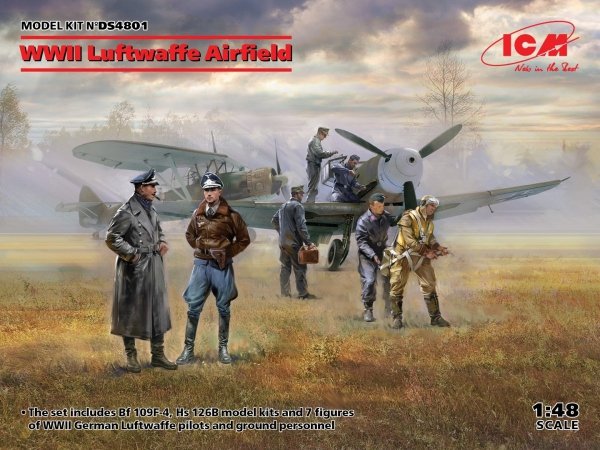 ICM DS4801 WWII Luftwaffe Airfield ( Messerschmitt Bf-109F-4, Henschel Hs-126 B-1, German Luftwaffe Pilots and Groun ) 1/48