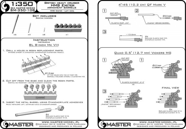 Master SM-350-108 HMS Exeter (1939) - lufy uzbrojenia - 8in (6 szt.), 4in (4 szt.), Vickers 0.5 in (8 szt.) z żywicznymi elementami do osadzenia luf  (do modelu Trumpetera) 1/350