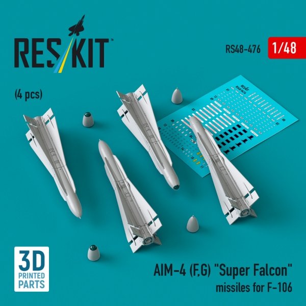 RESKIT RS48-0476 AIM-4 (F, G) &quot;Super Falcon&quot; missiles for F-106 (4 pcs) (3D Printed) 1/48