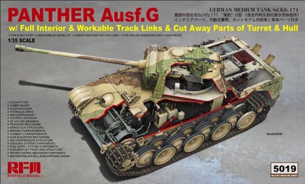 Rye Field Model 5019 Panther Ausf.G w/ Full Interior &amp; Workable Track Links &amp; Cut Away Parts of Turret &amp; Hull 1/35