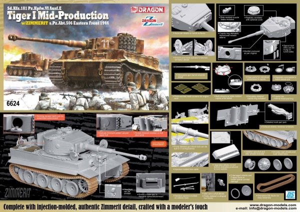 Dragon 6624 Sd.Kfz.181 Pz.Kpfw.VI Ausf.E Tiger I Mid Production w/Zimmerit s.Pz.Abt.506 Eastern Front 1944 1/35