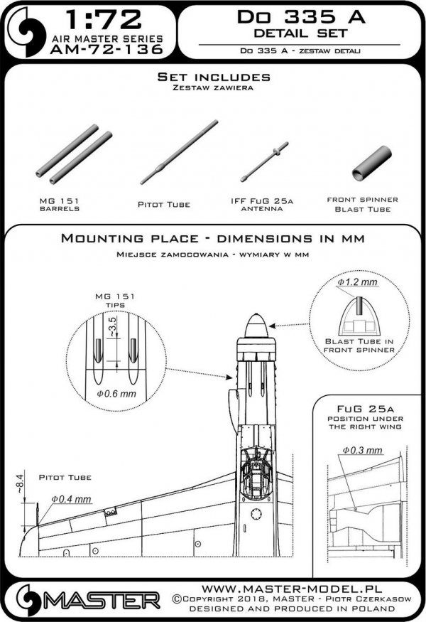 Master AM-72-136 Do 335 A – zestaw detali – MG 151, antena FuG 25a, rurka Pitota (1:72)