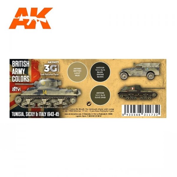 AK Interactive AK11677 3G BRITISH ARMY COLORS: TUNISIA, SICILY &amp; ITALY 1943-1945 3x17 ml