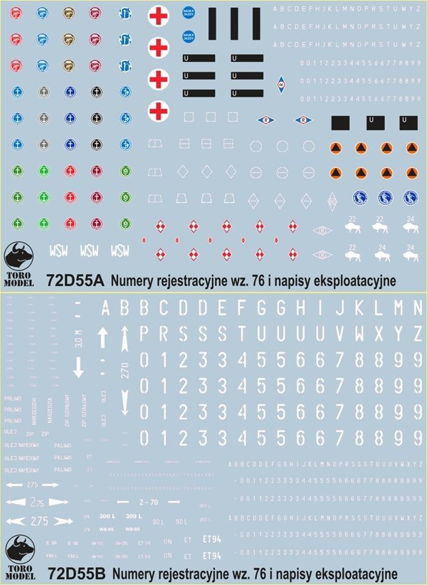 ToRo Model 72D55 Godła, tablice rejestracyjne wz76 i napisy eksploatacyjne pojazdów 1/72