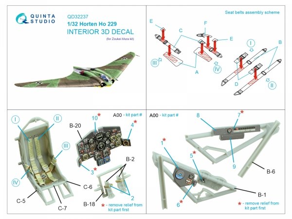 Quinta Studio QD32237 Horten Ho 229 3D-Printed coloured Interior on decal paper (Zoukei Mura) 1/32