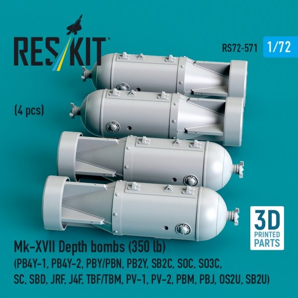 RESKIT RS72-0571 Mk-XVII Depth bombs (350 lb) (4 pcs) (PB4Y-1, PB4Y-2, PBY/PBN, PB2Y, SB2C, SOC, SO3C, SC, SBD, JRF, J4F, TBF/TBM, PV-1, PV-2, PBM, PBJ, OS2U, SB2U) (3D Printed) (1/72)