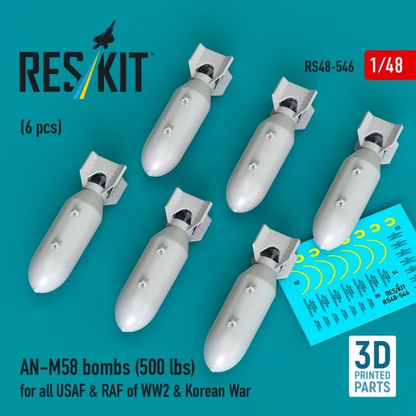 RESKIT RS48-0546 AN-M58 bombs (6 pcs) (500 lbs) for all USAF &amp; RAF of WW2 &amp; Korean War (3D Printed) 1/48