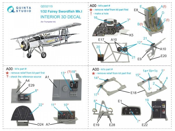Quinta Studio QD32115 Fairey Swordfish Mk.I 3D-Printed &amp; coloured Interior on decal paper (Trumpeter) 1/32