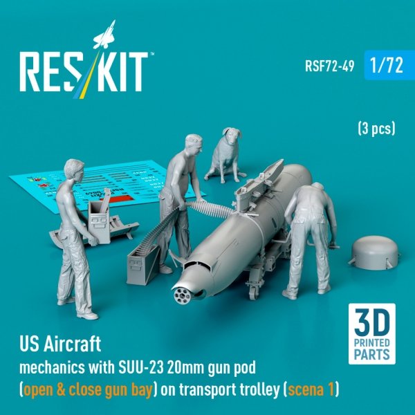 RESKIT RSF72-0049 US Aircraft mechanics with SUU-23 20mm gun pod  (open &amp; close gun bay) on transport trolley (scene 1) (3 pcs) (3D Printed) (1/72)