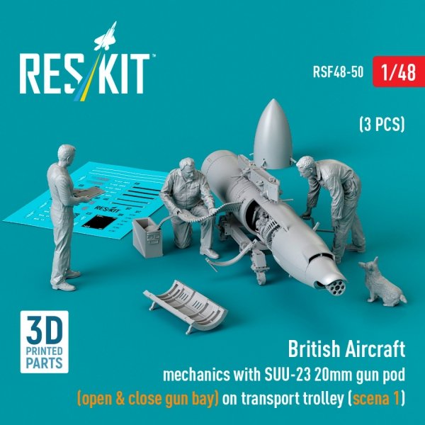 RESKIT RSF48-0050 British Aircraft mechanics with SUU-23 20mm gun pod  (open &amp; close gun bay) on on transport trolley (scene 1) (3 pcs) (3D Printed) (1/48)