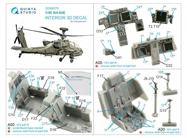 Quinta Studio QD48375 AH-64E 3D-Printed &amp; coloured Interior on decal paper (Hasegawa) 1/48