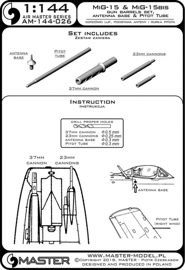 Master AM-144-026 MiG-15, MiG 15 bis -końcówki luf, podstawa anteny i Rurka Pitota 1/144