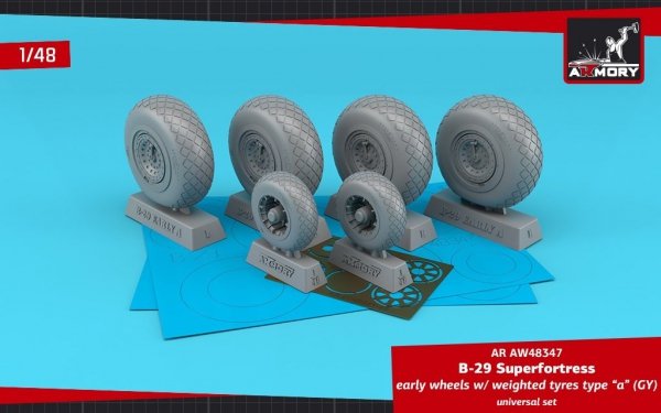 Armory Models AW48347 B-29 Superfortress early production wheels w/ weighted tyres type “a” (GY) &amp; PE hubcaps 1/48