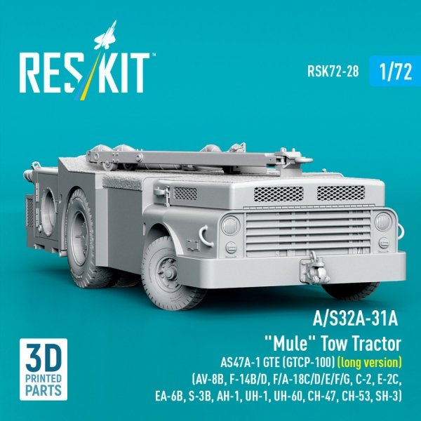 RESKIT RSK72-0028 A/S32A-31A "Mule" Tow Tractor AS47A-1 GTE (GTCP-100) (long version) (AV-8B, F-14B/D, F/A-18C/D/E/F/G, C-2, E-2С, EA-6B, S-3B, AH-1, UH-1, UH-60, CH-47, CH-53, SH-3) (3D Printed model kit) (1/72)