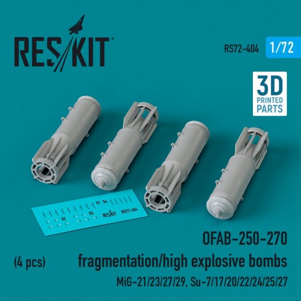 RESKIT RS72-0404 OFAB-250-270 fragmentation/high explosive bombs (4 pcs) (3D Printed) 1/72