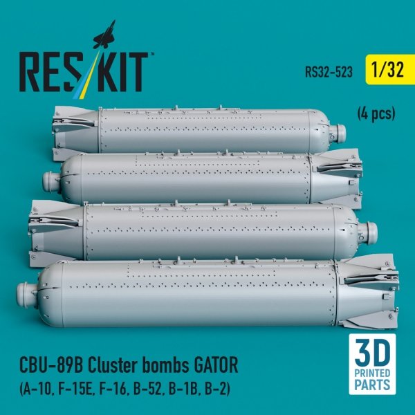 RESKIT RS32-0523 CBU-89B cluster bombs GATOR (4 pcs) (3D Printed) 1/32