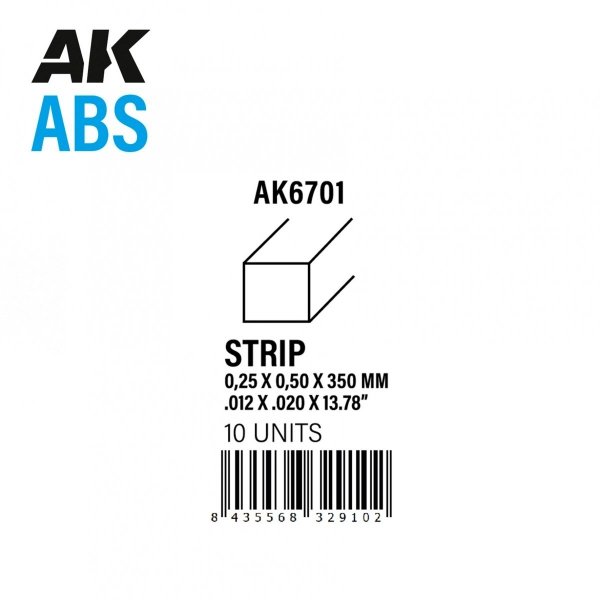AK Interactive AK6701 STRIPS 0.25 X 0.50 X 350MM – ABS STRIP – 10 UNITS PER BAG
