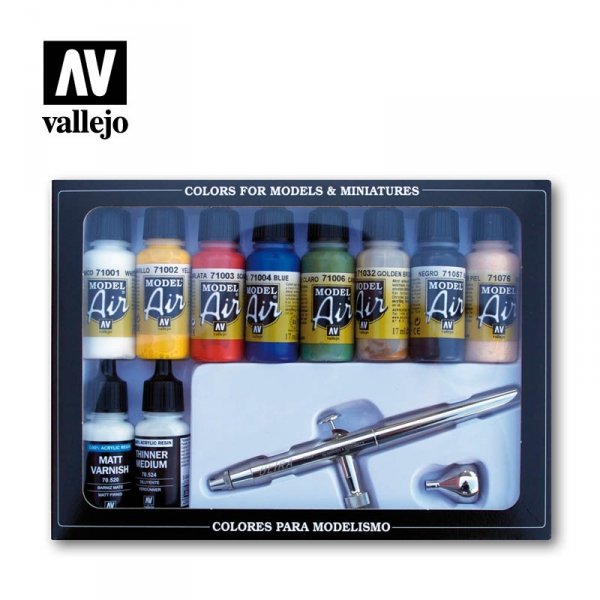 Vallejo 71167 Basic Colors Set &amp; Airbrush - Model AIR 10x17ml