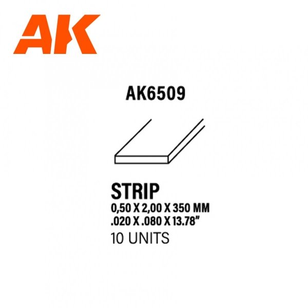 AK Interactive AK6509 STRIPS 0.50 X 2.00 X 350MM – STYRENE STRIP – (10 UNITS)