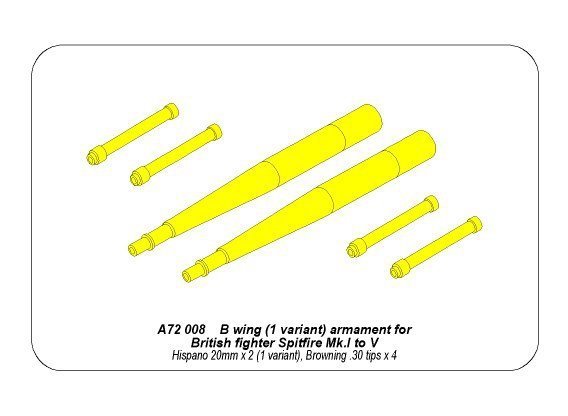 Aber A72 008 B wing (1 variant) armament for British fighter Spitfire Mk.I to V; Hispano 20mm x 2 (1 variant), Browning .30 tips x 4 (1:72)