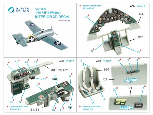 Quinta Studio QD48538 F4F-4 Wildcat 3D-Printed &amp; coloured Interior on decal paper (Academy) 1/48