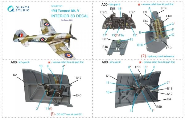 Quinta Studio QD48191 Tempest Mk.V 3D-Printed &amp; coloured Interior on decal paper (Eduard) 1/48