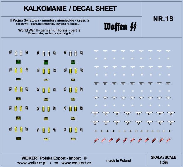 Weikert Decals DEC218 Mundury niemieckie - patki, naramienniki, insygnia na czapki - WAFFEN SS - ver.2 - vol.18 1/35