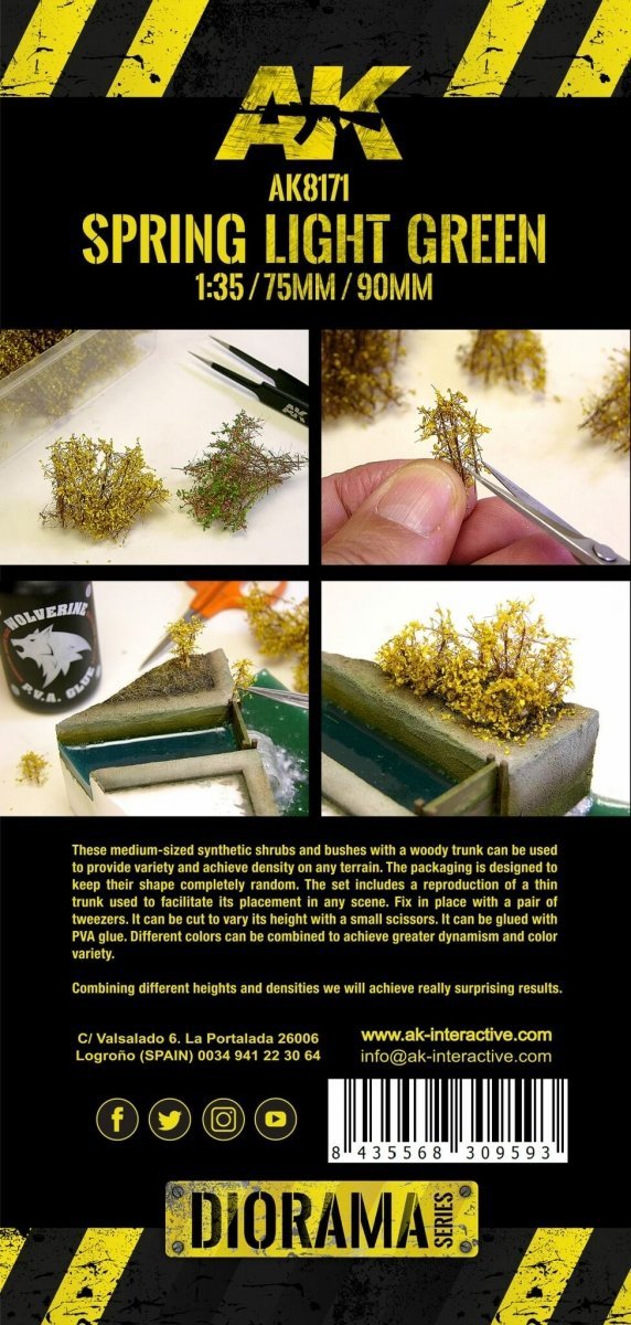 AK Interactive AK8171 SPRING LIGHT GREEN SHRUBBERIES 75MM / 90MM 1/35