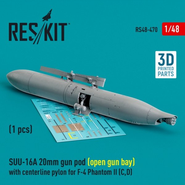 RESKIT RS48-0470 SUU-16A 20mm gun pod (open gun bay) with centerline pylon for F-4 Phantom II (C,D) (1 pcs) (3D Printed) 1/48