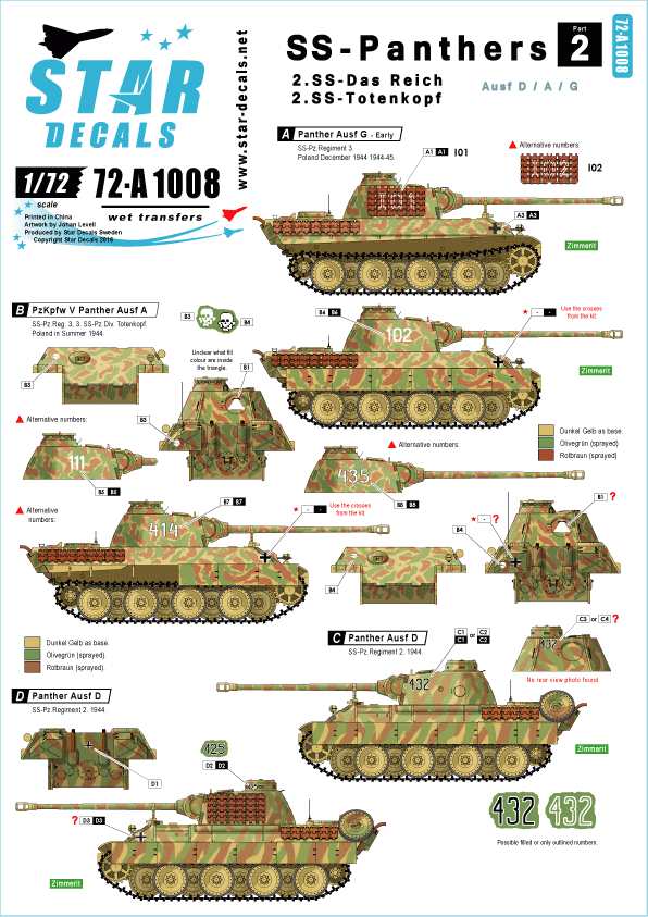 Star Decals 72-A1008 SS-Panthers (2) SS-Das Reich and 3. SS-Totenkopf. 1/72