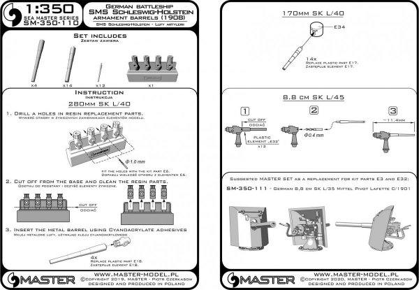 Master SM-350-110 Schleswig-Holstein (1908) - uzbrojenie do modelu Trumpetera 1/350