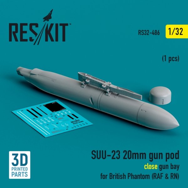 RESKIT RS32-0486 SUU-23 20mm gun pod (close gun bay) for British Phantom (RAF &amp; RN) (1 pcs) (3D Printed) 1/32
