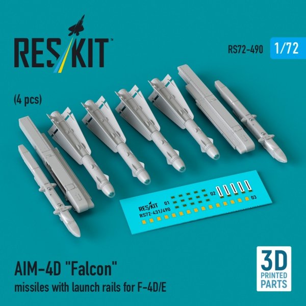 RESKIT RS72-0490 AIM-4D "Falcon" missiles with launch rails for F-4D/E (4 pcs) (3D Printed) (1/72)