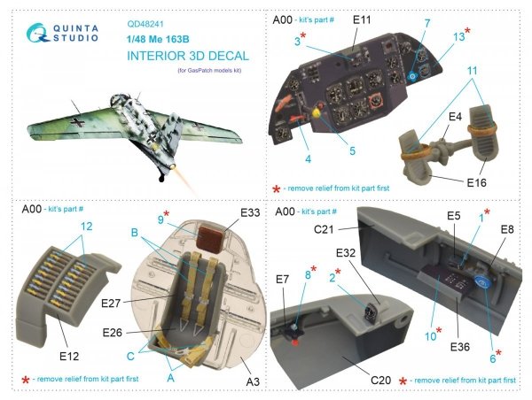 Quinta Studio QD48241 Me 163B 3D-Printed &amp; coloured Interior on decal paper (GasPatch models) 1/48