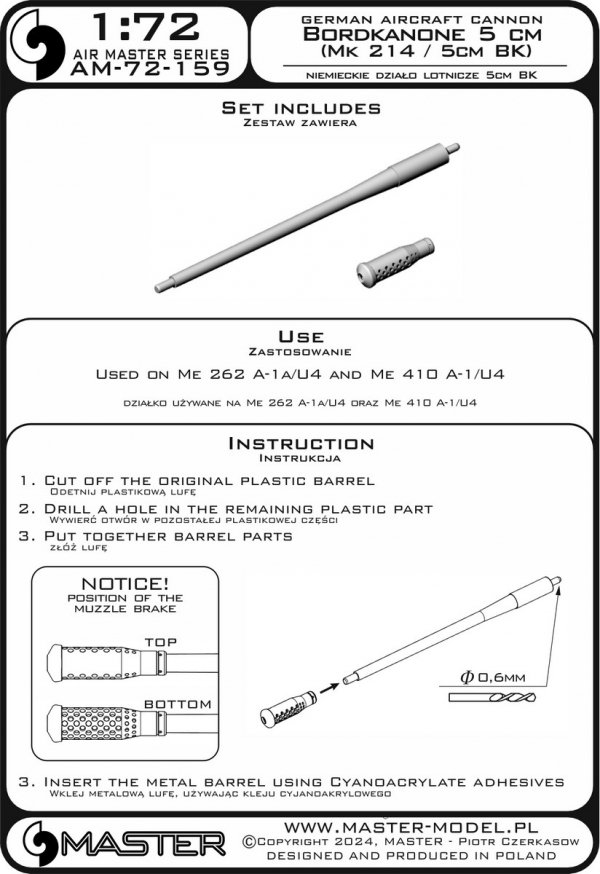 Master AM-72-159 Niemieckie działko lotnicze Bordkanone 5cm (Mk 214 / 5cm BK) - używane na Me 262 A-1a/U4, Me 410 A-1/U4 1/72