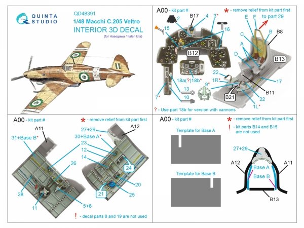 Quinta Studio QD48391 Macchi C.205 Veltro 3D-Printed &amp; coloured Interior on decal paper (Hasegawa/Italeri) 1/48