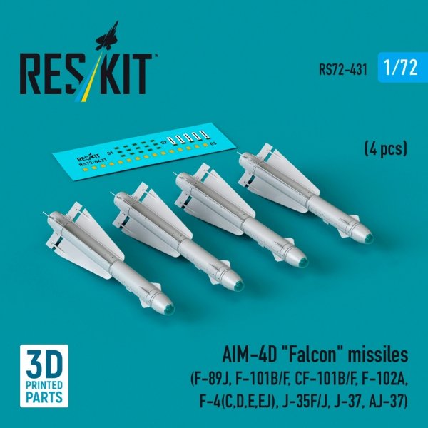 RESKIT RS72-0431 AIM-4D "Falcon" missiles (4 pcs) (F-89J, F-101B/F, CF-101B/F, F-102A, F-4(C,D,E,EJ), J-35F/J, J-37, AJ-37) (3D Printed) (1/72)