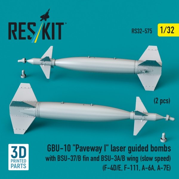 RESKIT RS32-0575 GBU-10 "Paveway I" laser guided bombs with BSU-37/B fin and BSU-3A/B wing (slow speed) (2 pcs) (3D Printed) 1/32