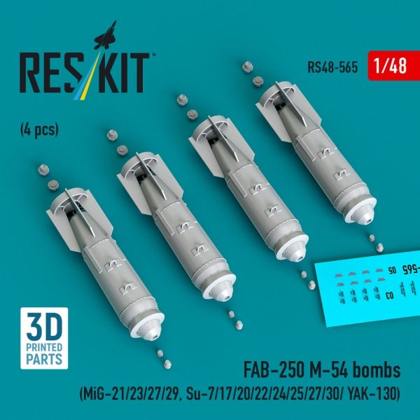 RESKIT RS48-0565 FAB-250 М-54 bombs (4 pcs) (MiG-21/23/27/29, Su-7/17/20/22/24/25/27/30/ YAK-130) (3D Printed) (1/48)
