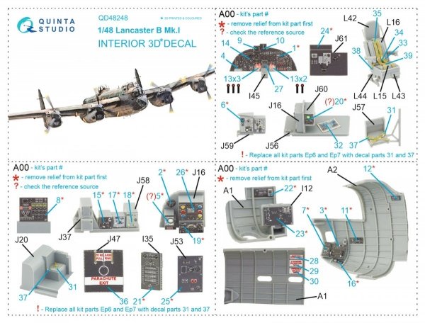 Quinta Studio QD48248 Lancaster B Mk.I 3D-Printed &amp; coloured Interior on decal paper (HK Models) 1/48