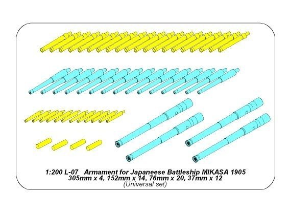 Aber 200L-07 Armament for japaneese pre-dreadnought Mikasa 305mm x 4, 152mm x 14, 76mm x 20, 37mm x 12 1/200