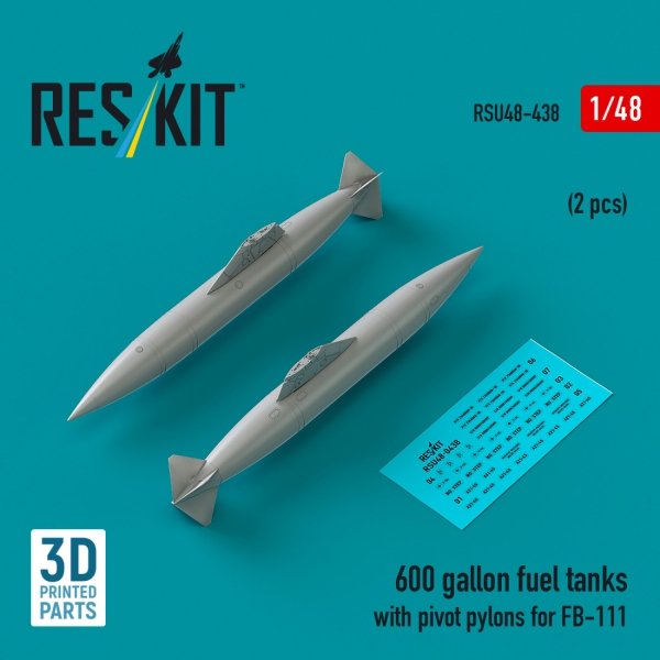 RESKIT RSU48-0438 600 gallon fuel tanks with pivot pylons for FB-111 (2 pcs) (3D Printed) 1/48