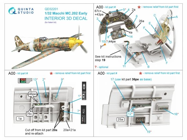 Quinta Studio QD32201 Macchi MC.202 Folgore Early 3D-Printed &amp; coloured Interior on decal paper (Italeri) 1/32