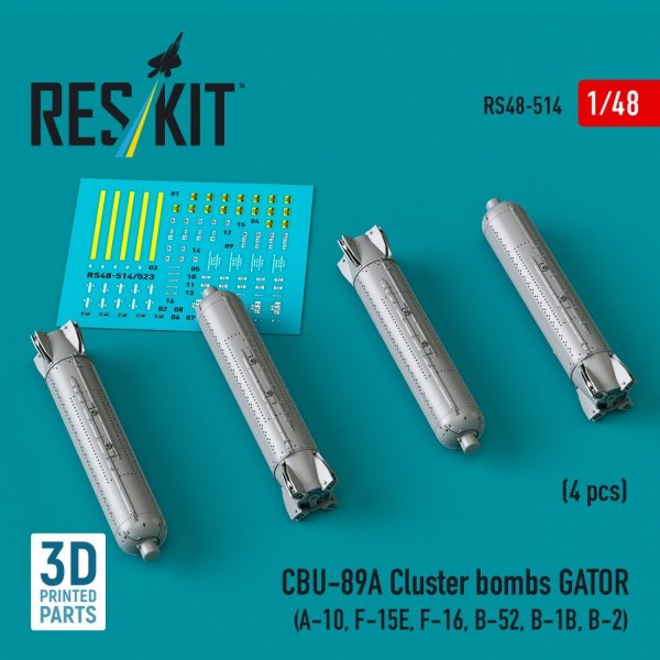 RESKIT RS48-0514 CBU-89A cluster bombs GATOR (4 pcs) (3D Printed) 1/48