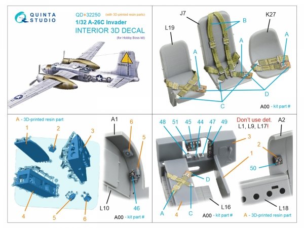 Quinta Studio QD+32250 A-26C Invader 3D-Printed &amp; coloured Interior on decal paper (Hobby Boss) (with 3D-printed resin parts) 1/32